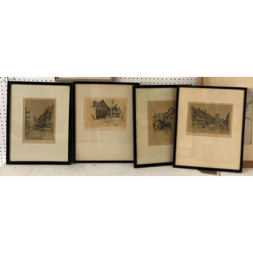 145 - Nine Framed Prints to Include: European etching of street scene, indistinctly signed and titled belo... 