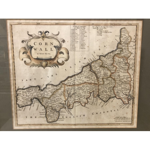 157 - Robert Morden - Map of Cornwall (c.18th Century), hand-coloured engraving, 38 x 45 cm, framed and gl... 