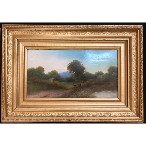 162 - Four Gilt Laurel Leaf Frame Landscape Oil Paintings, one indistinctly signed, 75 x 62 cm, two with f... 