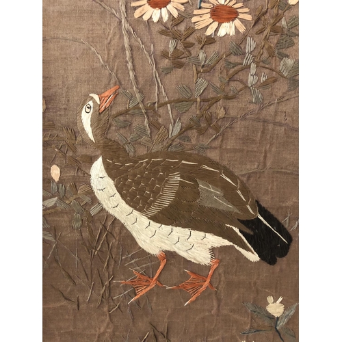 170 - Large 20th Century Embroidery of Birds and Flowers, 50 x 114 cm, framed