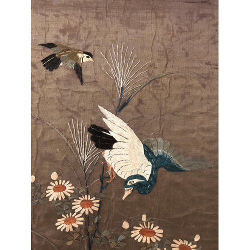 170 - Large 20th Century Embroidery of Birds and Flowers, 50 x 114 cm, framed