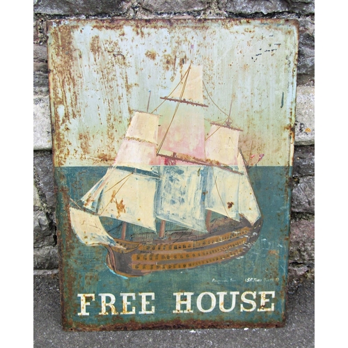 2110 - A vintage double sided hand painted rectangular public house/inn sign, with galleon in full sail det... 