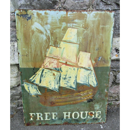 2110 - A vintage double sided hand painted rectangular public house/inn sign, with galleon in full sail det... 