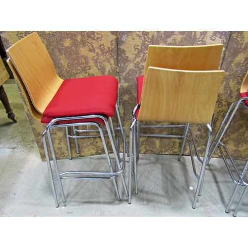 2177 - A set of six contemporary high back chair stools with upholstered laminated seats raised on tubular ... 