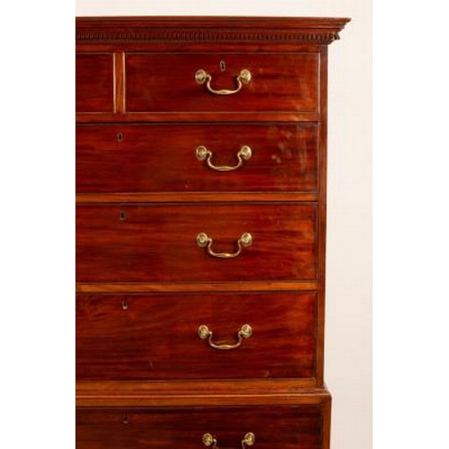 2602 - A George III mahogany tallboy chest with dentil cornice, fitted six long and two short drawers on br... 