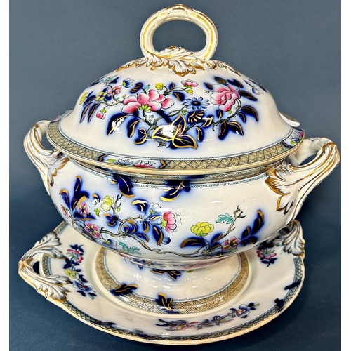 1109 - A collection of mid 19th century ironstone china including a large oviform tureen and cover and stan... 