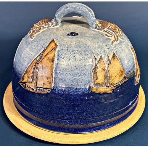 1122 - A studio pottery cheese bell and cover, detailed with sailing yachts, pair of art nouveau vases and ... 