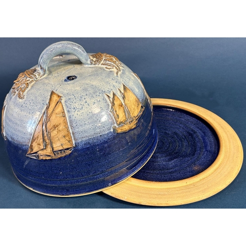 1122 - A studio pottery cheese bell and cover, detailed with sailing yachts, pair of art nouveau vases and ... 