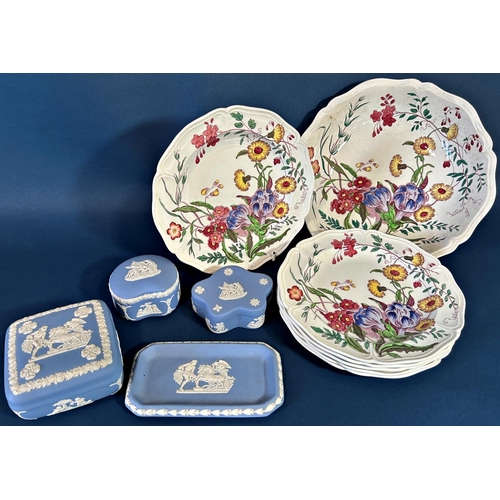 1128 - A collection of Wedgwood Jasper ware trinket dishes, six Wedgwood floral patterned plates, and a dis... 