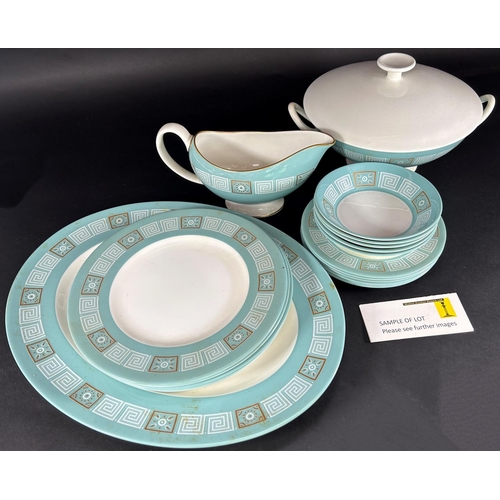 1144 - A Wedgwood Asia pattern dinner service with repeating Greek key borders upon a pale blue ground, tog... 