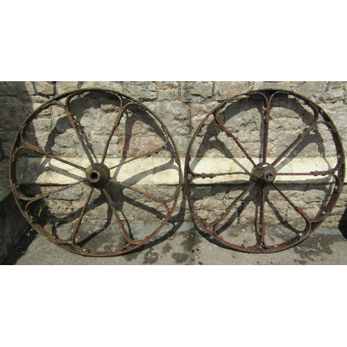 2056 - A pair of antique iron eight spoke implement wheels, 92cm (3ft) diameter (af)