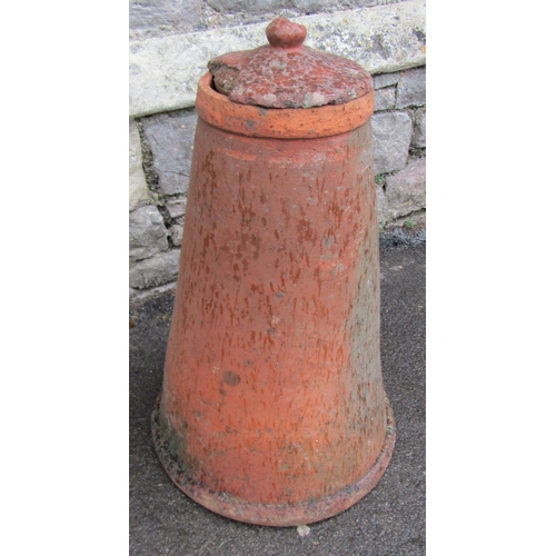 2080 - An old weathered terracotta conical shaped rhubarb forcer and cap, 66cm high (excluding cap)