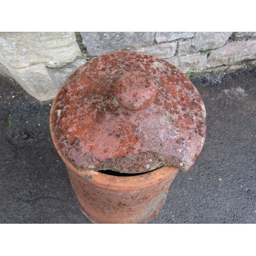 2080 - An old weathered terracotta conical shaped rhubarb forcer and cap, 66cm high (excluding cap)