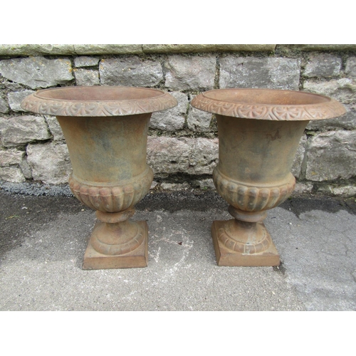 2100 - A pair of weathered cast iron campana shaped garden urns, with flared patterns rims, lobed bowls and... 