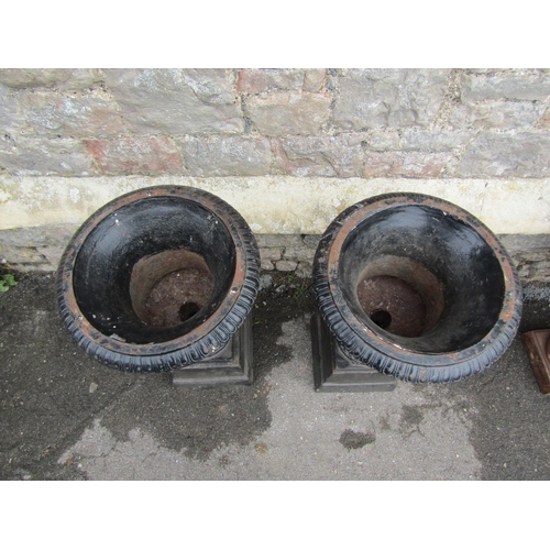 2102 - A pair of painted and weathered cast iron campana shaped garden urns, with flared rims, reeded and l... 