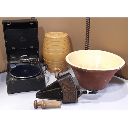 2135 - A vintage Follows and Bate Limited patent marmalade cutter together with a glazed stoneware barrel 3... 