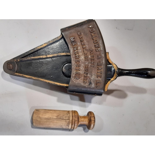 2135 - A vintage Follows and Bate Limited patent marmalade cutter together with a glazed stoneware barrel 3... 