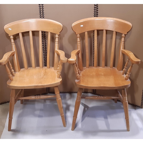 2156 - A pair of modern stained beechwood Windsor lathe back kitchen elbow chairs together with a small str... 