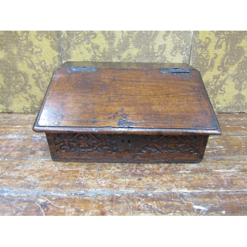 2597 - Early 19th century oak writing slope with original geometric carved detail, 67 cm