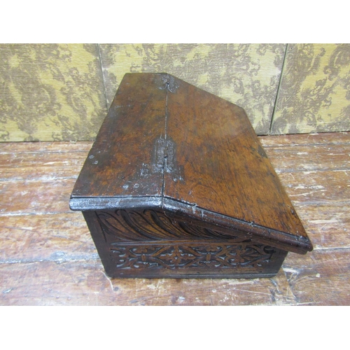 2597 - Early 19th century oak writing slope with original geometric carved detail, 67 cm