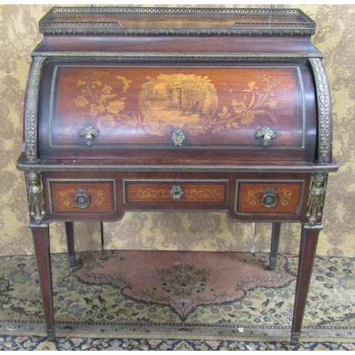 2611 - A good quality 19th century French cylinder top bureau in rosewood with cornucopia, floral and lands... 