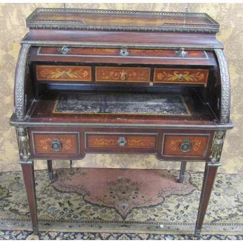 2611 - A good quality 19th century French cylinder top bureau in rosewood with cornucopia, floral and lands... 