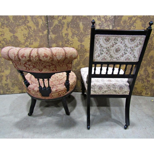 2174 - Two late Victorian aesthetic movement period drawing room chairs of varying size and design both wit... 