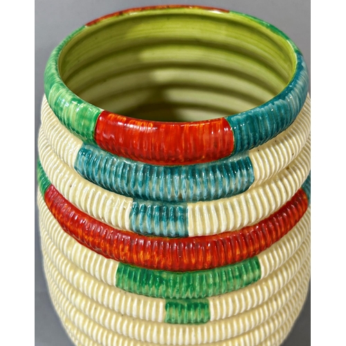 1154 - A Clarice Cliff Bizarre raffia conical shaped pot with abstract painted detail