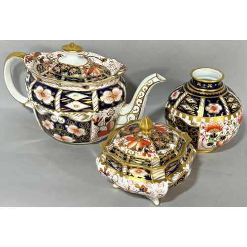 1158 - A Royal Crown Derby teapot, shaped bowl and cover and further globular vase, all with richly painted... 