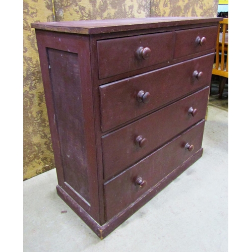 2202 - A old stained pine bedroom chest of three long and two graduated drawers, flanked by panelled sides,... 