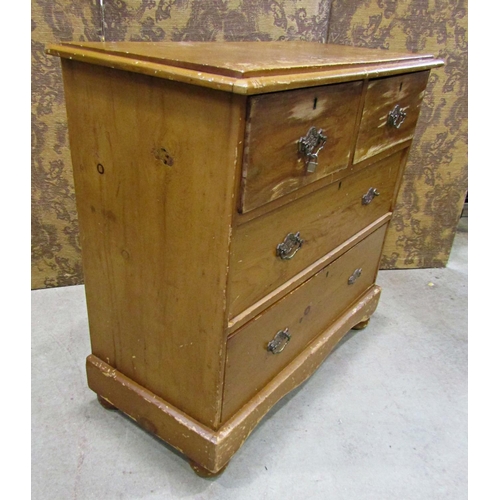 2217 - A late Victorian pine bedroom chest of two long and two short graduated drawers, set on a plinth wit... 