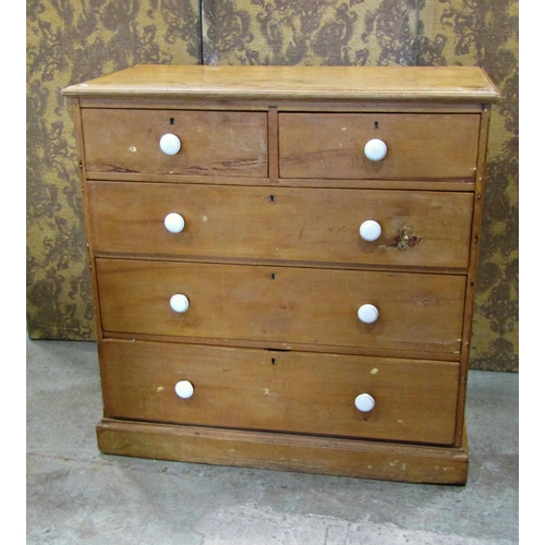 2221 - A 19th century stripped pine bedroom stamped Heal and son London chest of three long and two short g... 