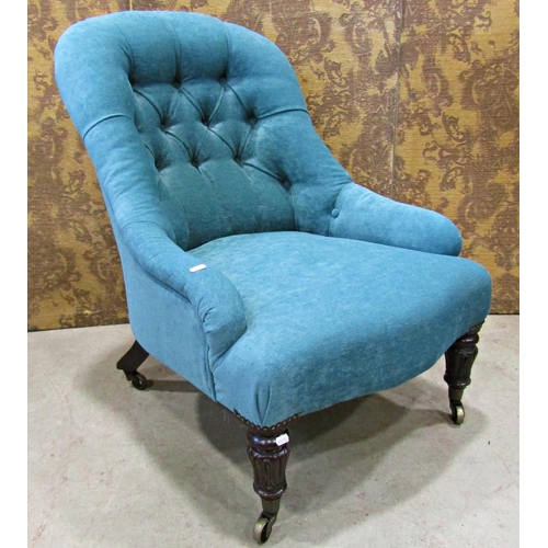 2326 - Victorian button back drawing room chair in turquoise coloured fabric on carved supports