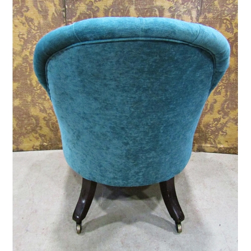 2326 - Victorian button back drawing room chair in turquoise coloured fabric on carved supports