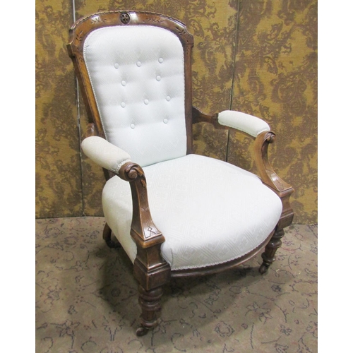 2328 - A Victorian walnut drawing room chair with open framework and carved detail, together with a further... 