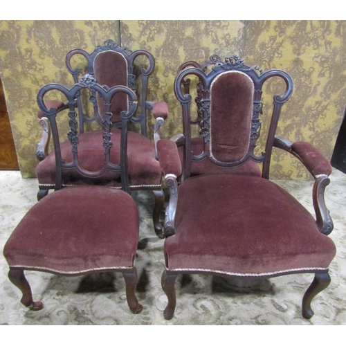 2346 - An Edwardian parlour room suite comprising a sofa, two armchairs and two single chairs with carved a... 