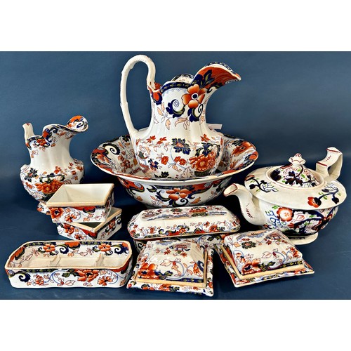 1141 - A collection of Amhurst Japan patterned toilet ware comprising a large jug and basin, toothpaste pot... 