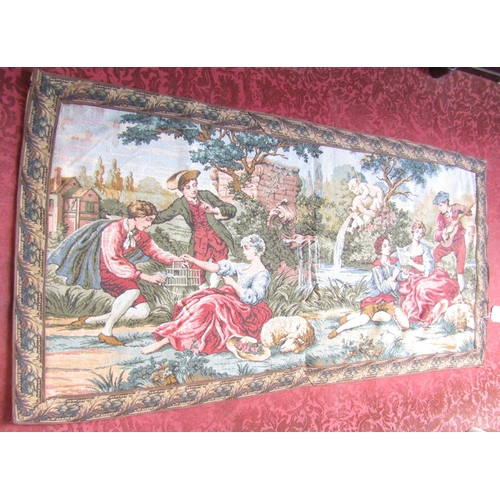 1672 - A French 18th century style tapestry hanging of a pastoral scene with figures in the foreground, 150... 