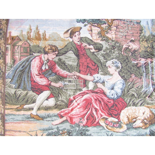 1672 - A French 18th century style tapestry hanging of a pastoral scene with figures in the foreground, 150... 