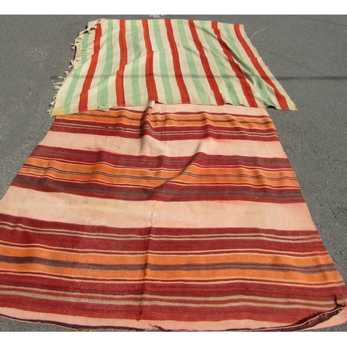 1680 - Two Kilim Rugs with simple striped designs, one in shades of ochre and dark red (320 x 300 cm), the ... 