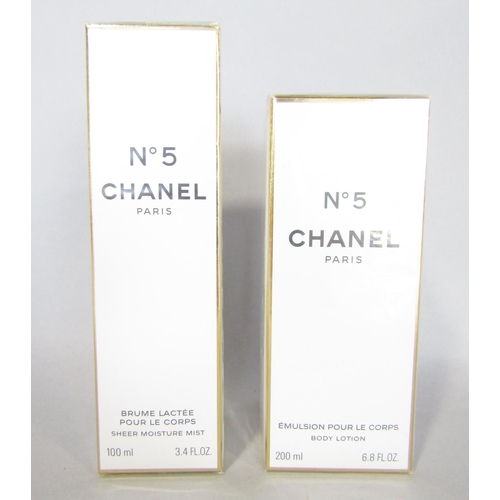 Eight Chanel No5 products, seven still in cellophane wrappers including a  7.5ml perfume, a bath gel
