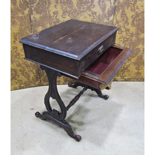 2191 - A 19th century mahogany sewing table with frieze drawer raised on open scrolled and lyre shaped supp... 