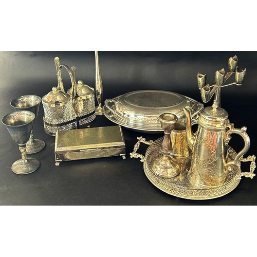 A selection of silver plated table ware including a large tray with six glass divisions, a tureen with a cover, a spill vase, cigarette box, coffee pot and a quantity of metal goblets, etc