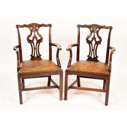 2638 - A pair of Chippendale style mahogany armchairs with shaped and carved cresting rails, pierced interl... 