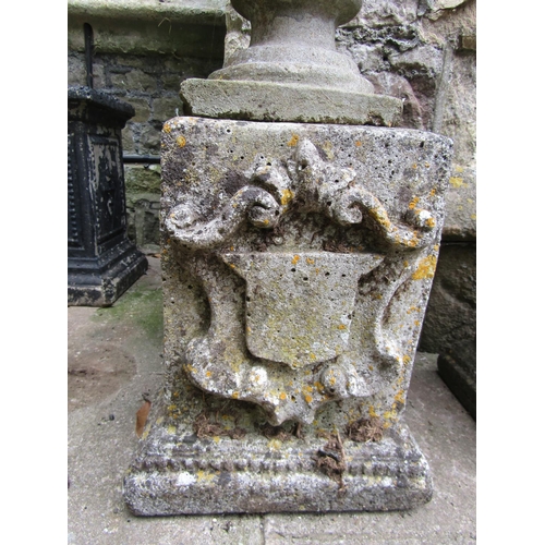 2058 - A pair weathered cast composition stone garden urns with circular lobed bowls and fixed socles, rais... 