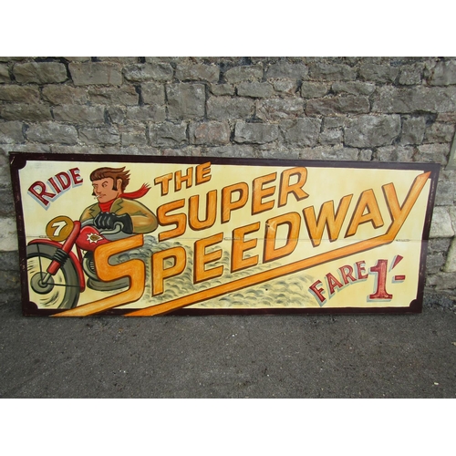 2066A - A retro style hand painted fairground panel with folding action, ride super speedway price 1/- to re... 