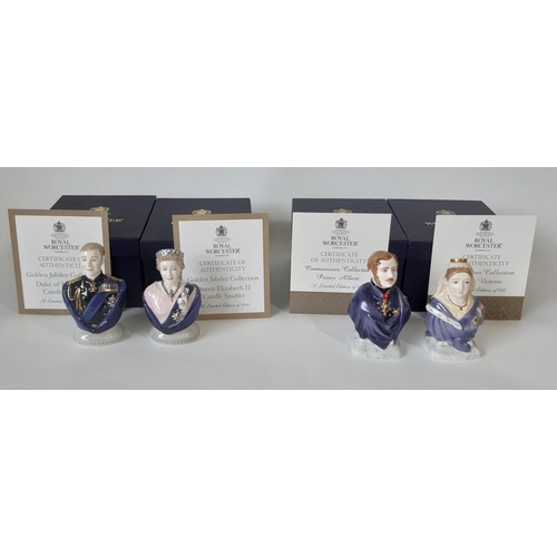 1124 - Four Royal Worcester candle-snuffers including Queen Victoria, Prince Albert, Queen Elizabeth II, an... 