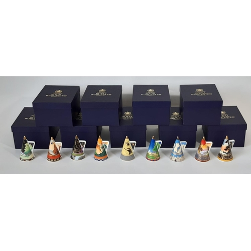 1135 - Nine Royal Worcester candle snuffers from the Art Deco range, all of decorative conical form includi... 