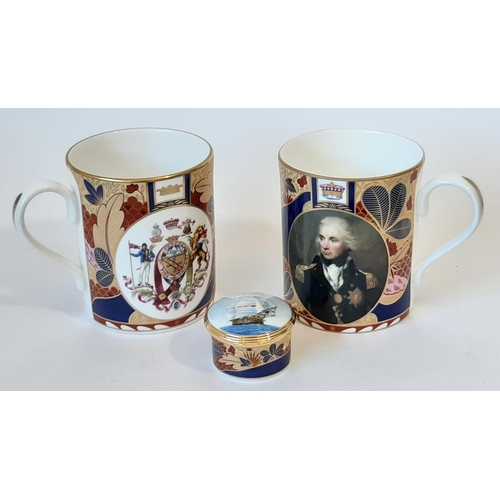 1105 - 10 pieces from the Royal Worcester Nelson Collection comprising 2 mugs, 1 china box and 7 coaster di... 