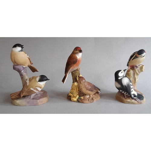 1119 - Six Royal Worcester figures, each a pair of perching garden birds comprising Blue Tits, Woodpeckers,... 